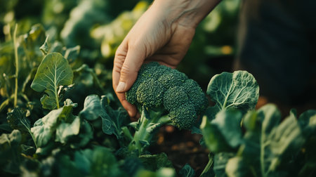 Harvesting fresh broccoli in a vibrant garden on a sunny dayの素材