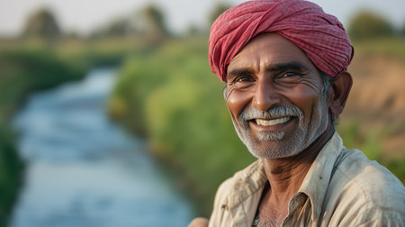 Elderly man wearing a pink turban smiling near a riverbank at golden hour in a rural landscapeの素材