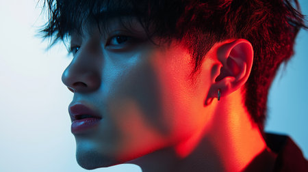 Young man poses in profile with dramatic lighting against a gradient background, showcasing modern aesthetics and contrasting colorsの素材