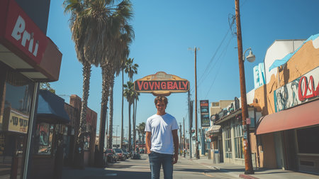 A young man standing on a sunny street in front of a vintage sign in a lively neighborhoodの素材