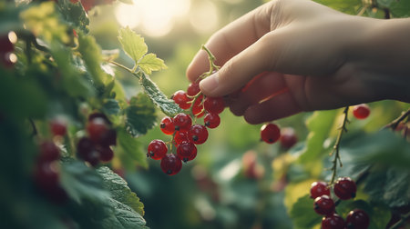 Hand picking ripe red currants in a lush garden during late afternoon sunlightの素材
