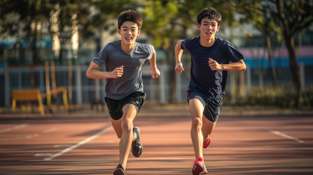 Two young athletes sprinting down a track during a sunny afternoon training sessionの素材