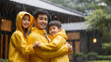 Family enjoying a rainy day in yellow raincoats at a cozy outdoor locationの素材