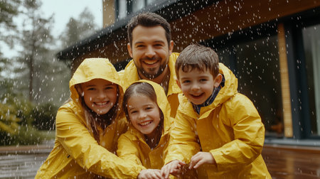 Family enjoying a rainy day outdoors in yellow raincoats at homeの素材