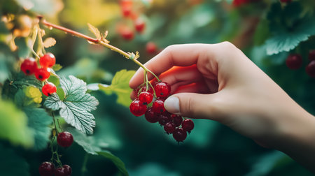 A person picking ripe red currants from a bush in a lush garden during the late afternoonの素材