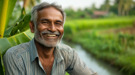 A smiling elderly man enjoying a peaceful moment by the rice fields in the countryside during late afternoonの素材
