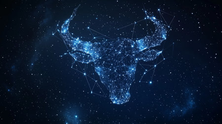 Constellation of a bull outlined in bright stars against a cosmic backgroundの素材