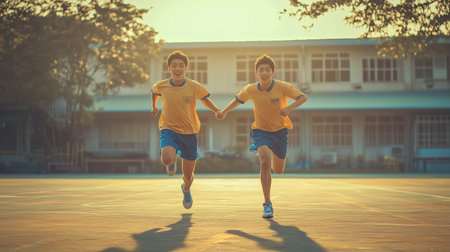 Two students run hand in hand on a school playground during sunsetの素材