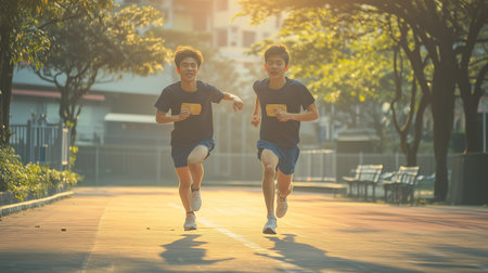 Two young men enjoying a morning run together on a sunlit path in a parkの素材