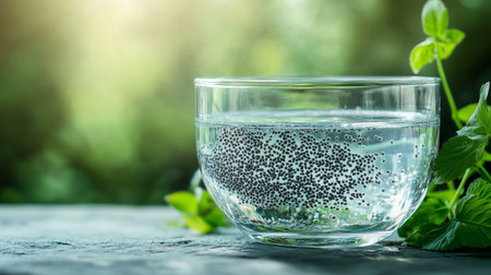 Clear glass bowl filled with water and floating black sesame seeds placed on a stone surface beside fresh mint leaves in a natural environmentの素材