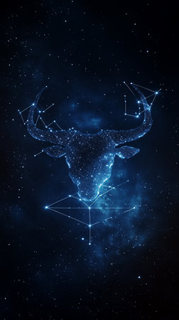 Celestial bulls head illuminated by stars in a deep blue cosmic backgroundの素材