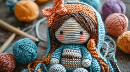 Crocheted doll surrounded by colorful yarn on a wooden surface in a cozy crafting spaceの素材