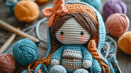 Crochet doll with yarn balls on a wooden table during daylightの素材