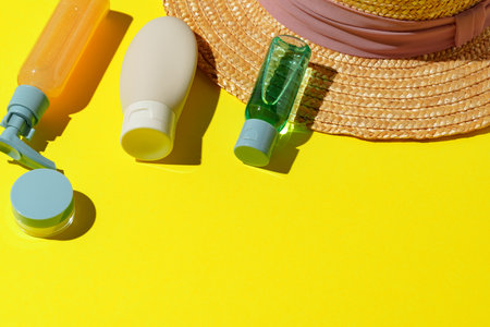 Summer Sun Protection Essentials On Yellow Background