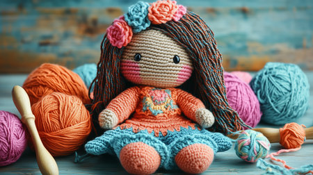 Handmade crocheted doll surrounded by colorful yarn in a cozy workspaceの素材