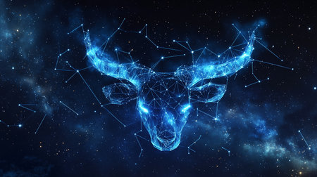 Digital artwork of a bulls head composed of blue light connected by stars against a cosmic backgroundの素材