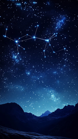 Night sky filled with stars illuminating the mountain landscapeの素材