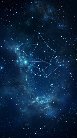 Starlit night sky with constellations illuminated against a deep blue cosmosの素材