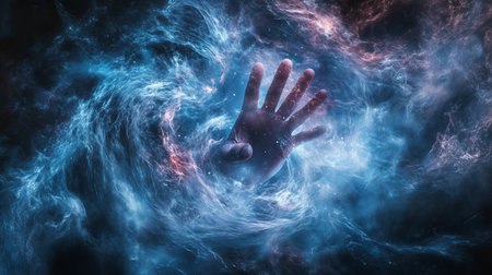 A hand reaching out through a cosmic swirl of blue and purple nebulae in a dark space environmentの素材