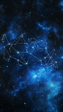 Starry night sky with a visible constellation of a bear in a dark blue cosmic backdropの素材