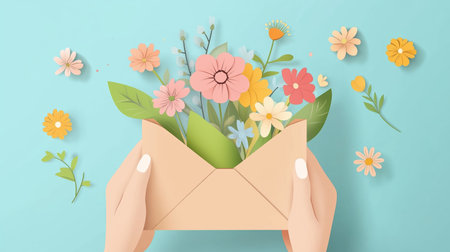 Hands holding an envelope filled with colorful flowers on a blue backgroundの素材
