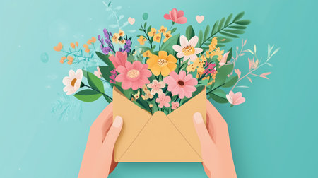 Hands holding a colorful bouquet of flowers emerging from a yellow envelope against a light blue backgroundの素材