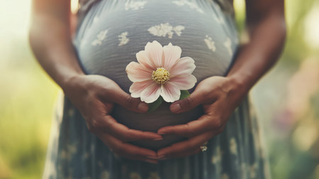 Expectant mother gently holding a flower against her belly in a soft, natural setting during golden hourの素材
