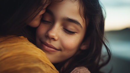 Two young girls sharing a warm embrace at sunset by the water on a calm eveningの素材