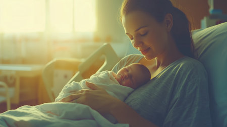 New mother cradles her newborn baby in a hospital room during golden hour sunlightの素材
