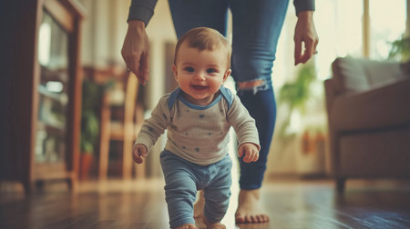 Baby joyfully walking with assistance indoors in a bright and cozy living room settingの素材