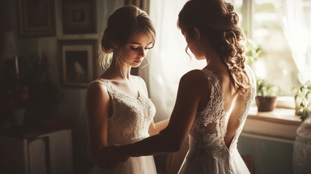 Two brides preparing for a wedding in a softly lit room with vintage decor and natural light streaming through the windowの素材