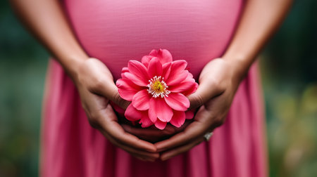 Expectant mother holding a pink flower in front of her baby bump outdoors during daytimeの素材