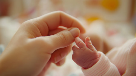 A gentle hand reaches out to touch a tiny newborns fingers in a warm and nurturing environmentの素材