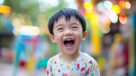 Young child laughing joyfully at a playful outdoor setting during the afternoonの素材