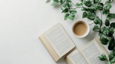 Cozy indoor reading setup with open books, a cup of coffee, and lush greeneryの素材