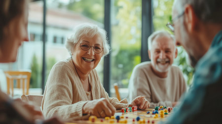 Seniors enjoying a lively board game session indoors on a sunny afternoonの素材