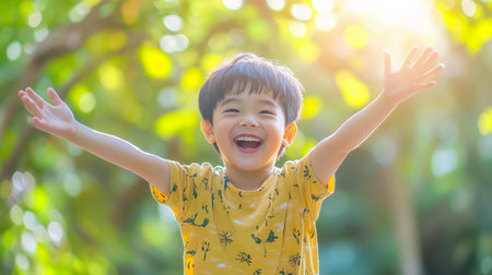 Joyful child playing outdoors in a lush green environment during bright sunny dayの素材