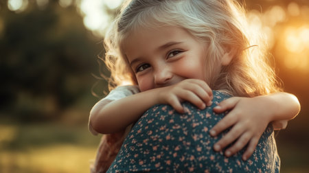 A young girl embraces a family member outdoors at sunset, surrounded by nature in a warm, joyful momentの素材