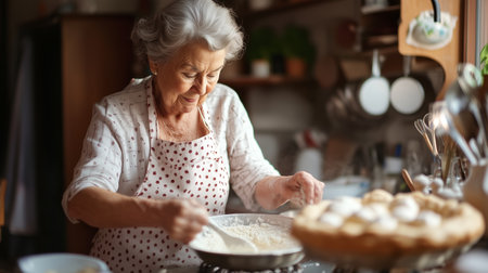 Elderly woman baking in a cozy kitchen during afternoon lightの素材