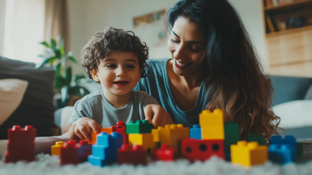 Mother and child engaged in creative play with colorful building blocks in a cozy living room during the afternoonの素材