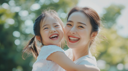 Mother and daughter enjoying a joyful moment outdoors on a sunny day in a parkの素材