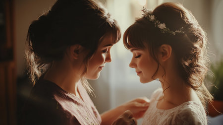 Two women share a heartfelt moment while preparing for a wedding in a softly lit room during the dayの素材