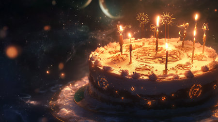 A beautifully decorated birthday cake with glowing candles and celestial designs under a starry night skyの素材