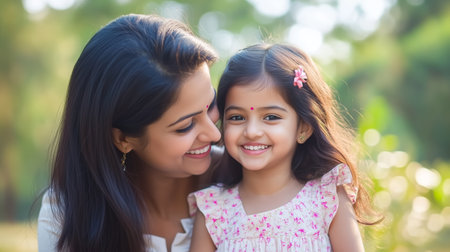 A mother and daughter share a joyful moment outdoors during a sunny afternoonの素材