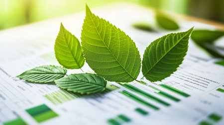 Green leaves resting on financial documents in a sunlit workspaceの素材