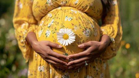 Pregnant woman in a yellow floral dress holds a daisy flower against her belly in a garden during daylightの素材