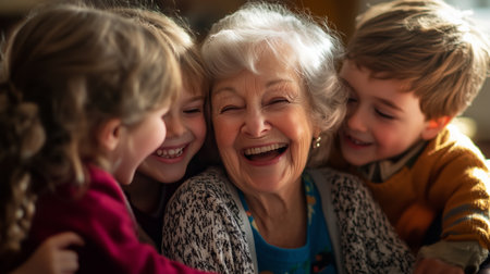 Elderly woman enjoys joyful moments with three children indoors during a cozy afternoonの素材