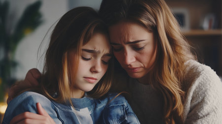 Mother comforting daughter during an emotional moment in a cozy indoor settingの素材