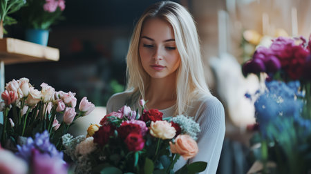 Young woman arranging a colorful bouquet of flowers in a cozy floral shop during daylightの素材