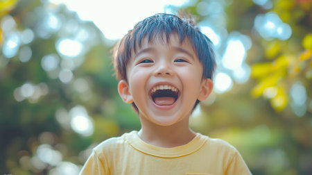 Young boy laughing joyfully outdoors in a lush green setting on a sunny dayの素材